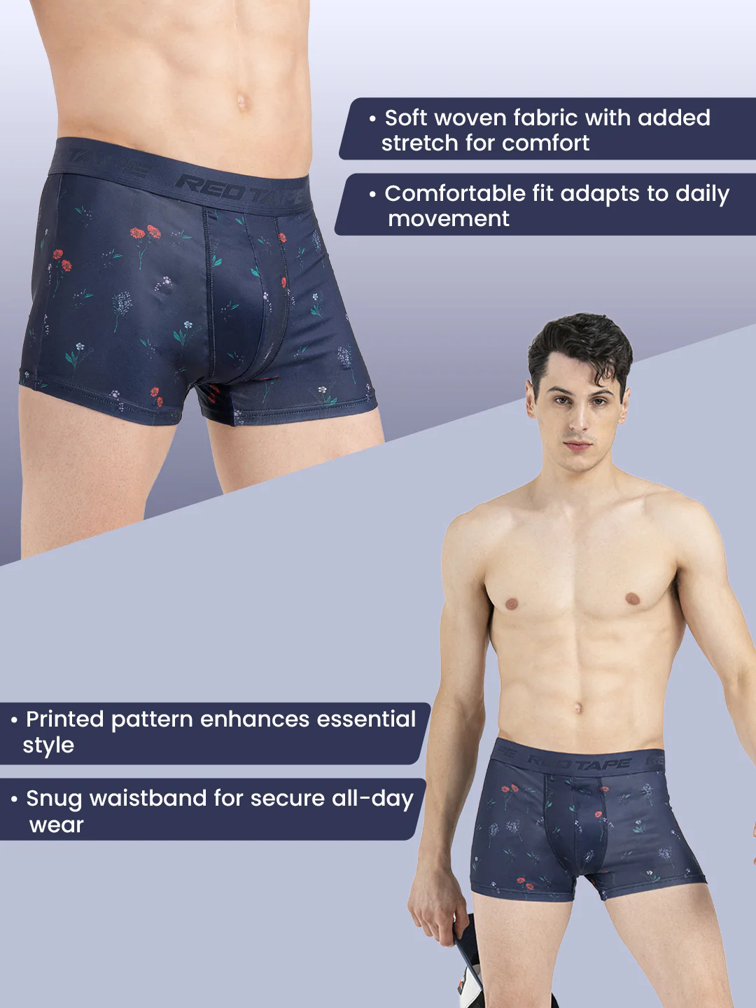 Men's Black Printed Elasticated Polyester Stretched Woven Trunk - Image 2