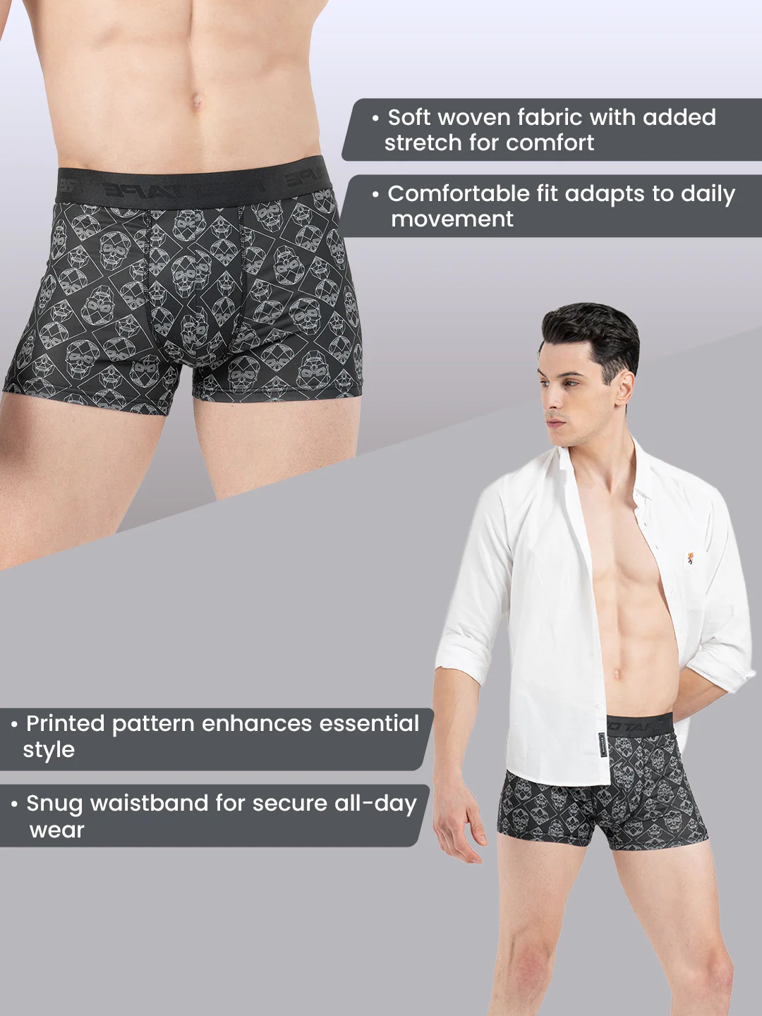Men's Black Printed Elasticated Polyester Stretched Woven Trunk - Image 2