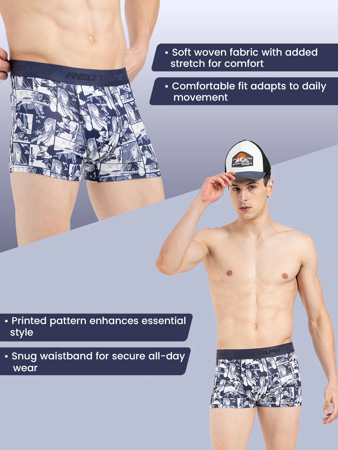 Men's Black Printed Elasticated Polyester Stretched Woven Trunk - Image 2