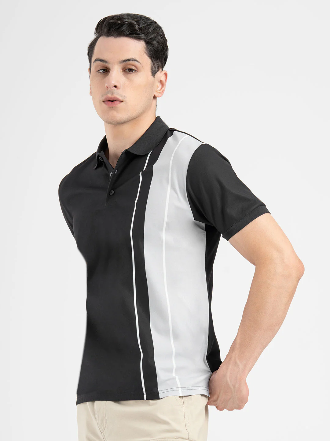 Men's Black Stripe Sports Polo T-Shirt - Image 2