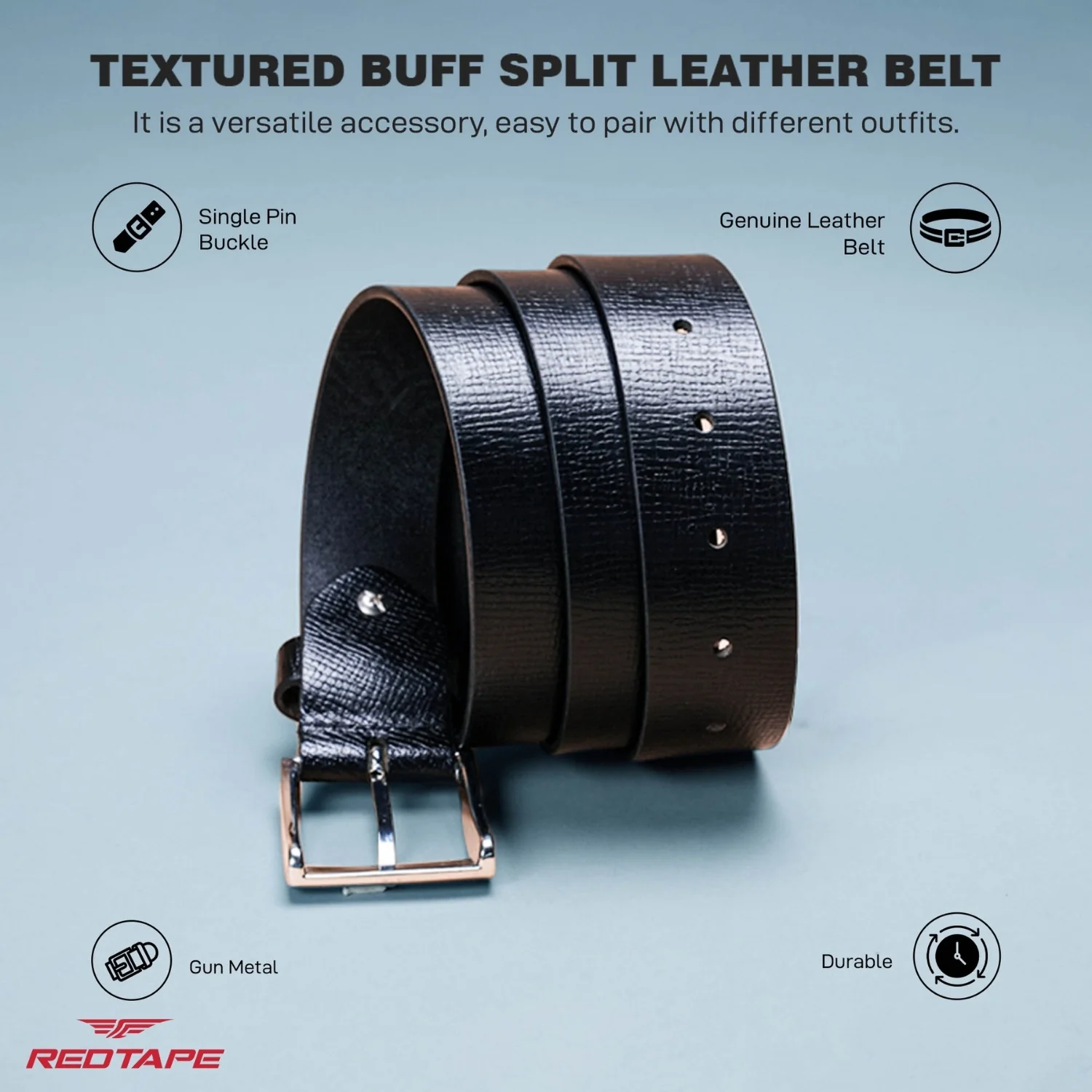 Men’s Black Textured Leather Belt - Image 4