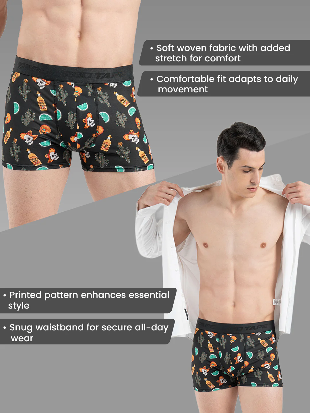 Men's Black Printed Elasticated Polyester Stretched Woven Trunk - Image 2