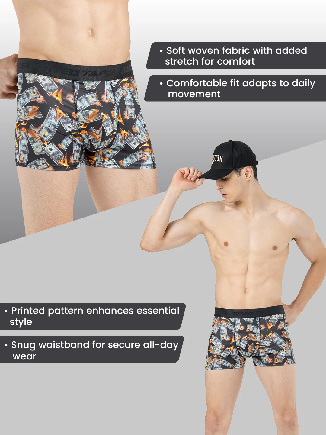 Men's Black Printed Elasticated Polyester Stretched Woven Trunk - Image 2