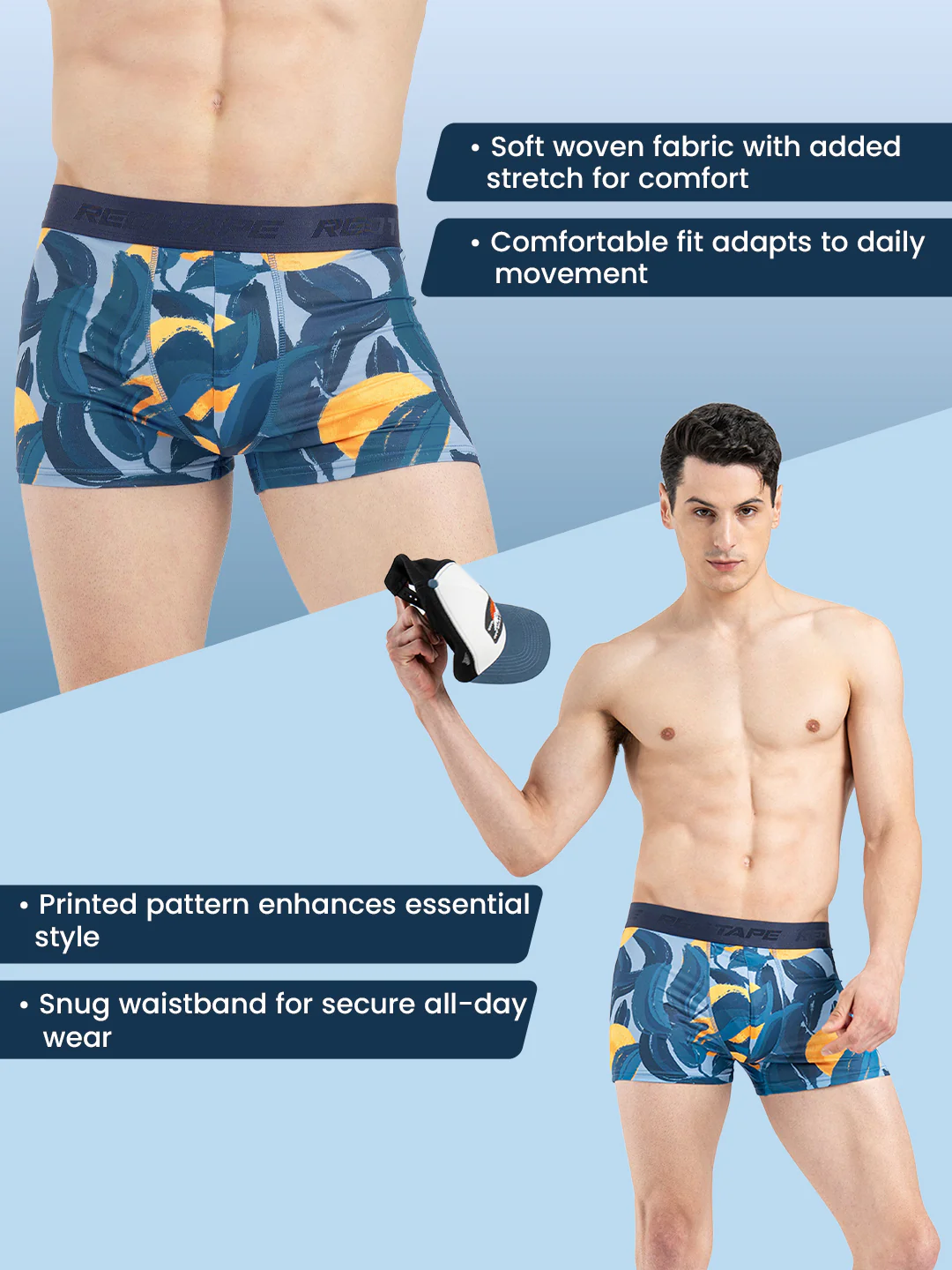 Men's Blue Printed Elasticated Polyester Stretched Woven Trunk - Image 2