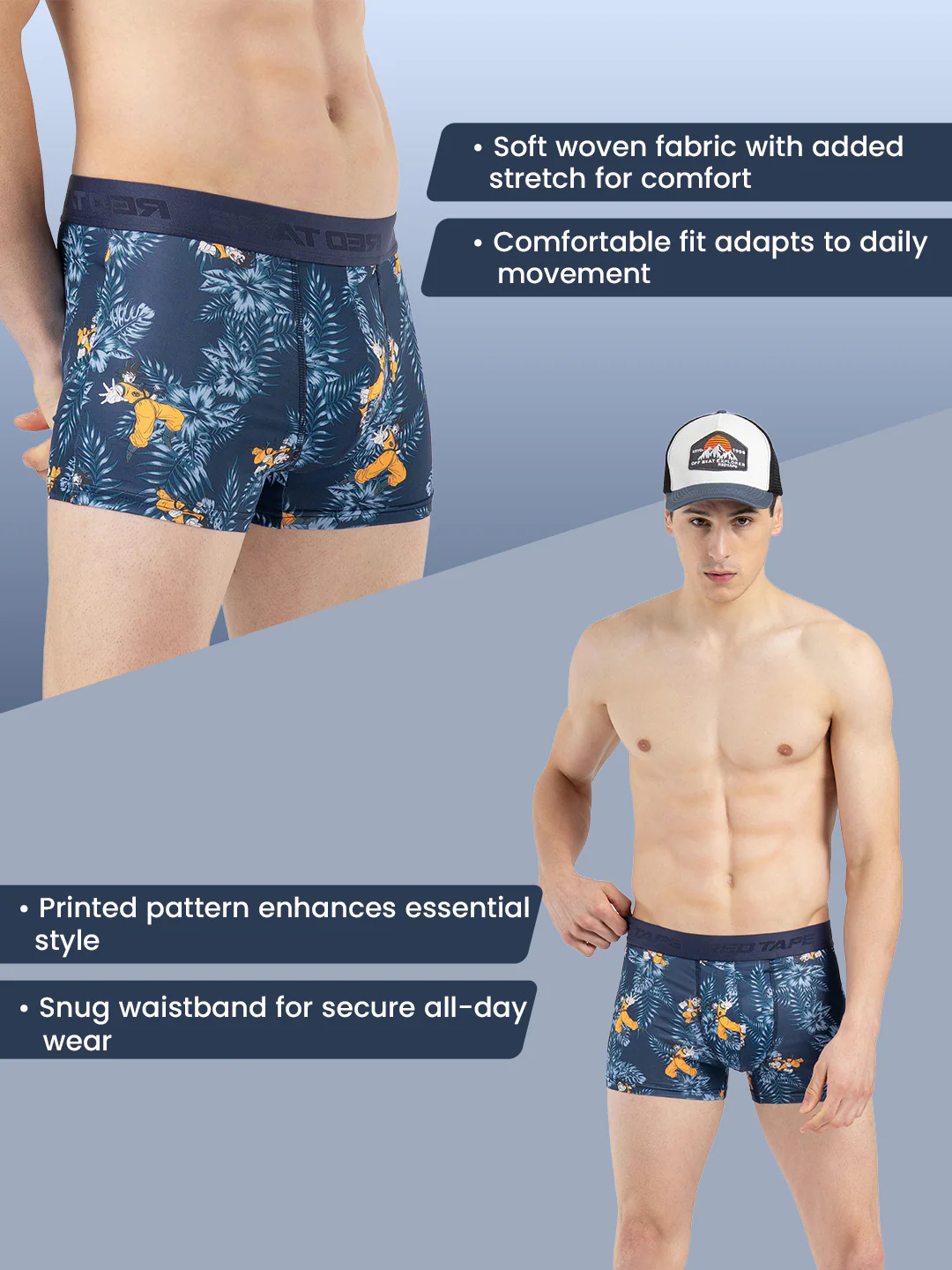 Men's Blue Printed Elasticated Polyester Stretched Woven Trunk - Image 2