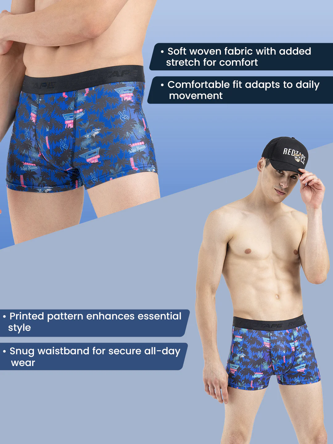 Men's Dark Blue Printed Elasticated Polyester Stretched Woven Trunk - Image 2