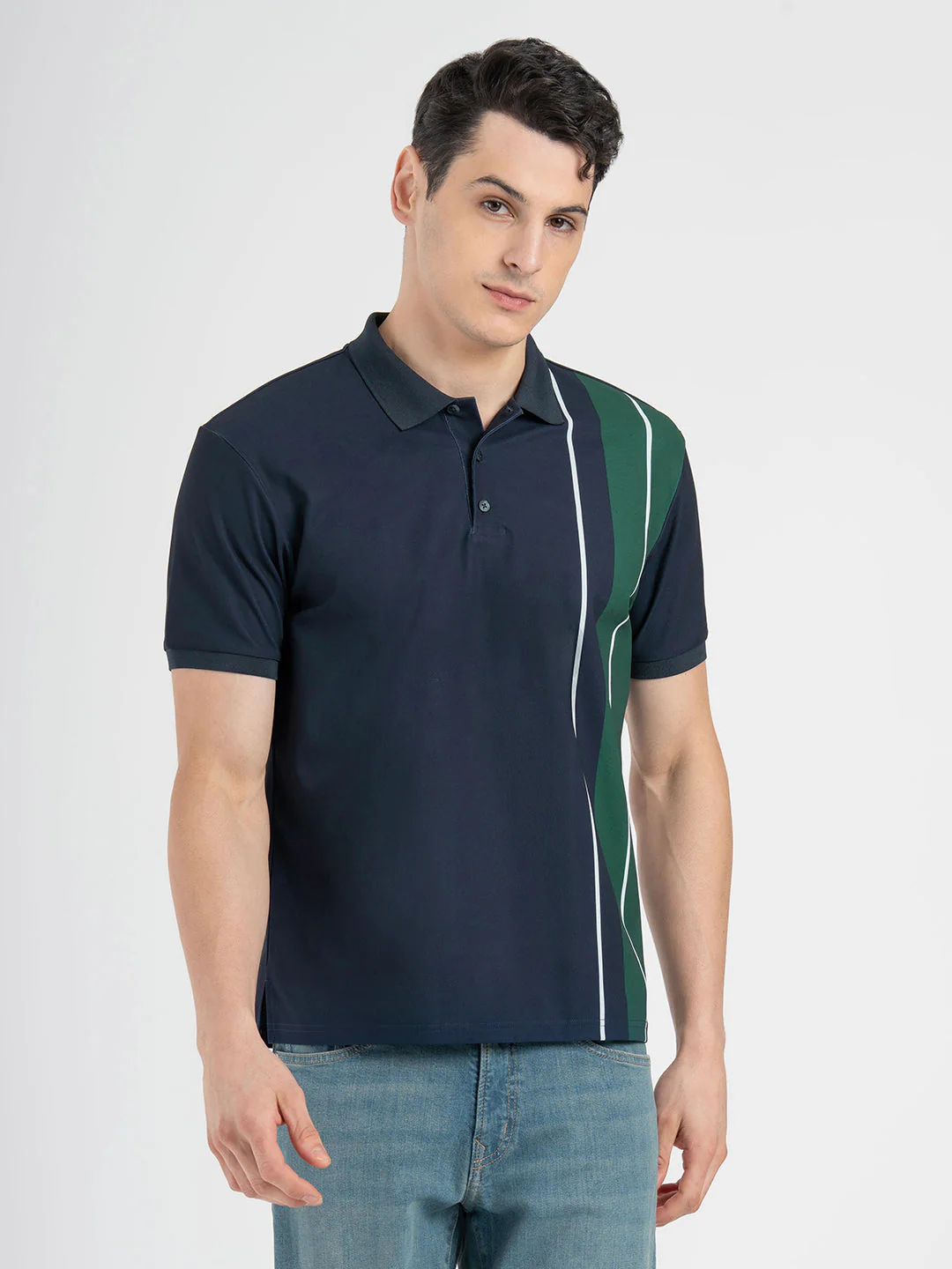 Men's Dark Blue Stripe Sports Polo T-Shirt - Image 2