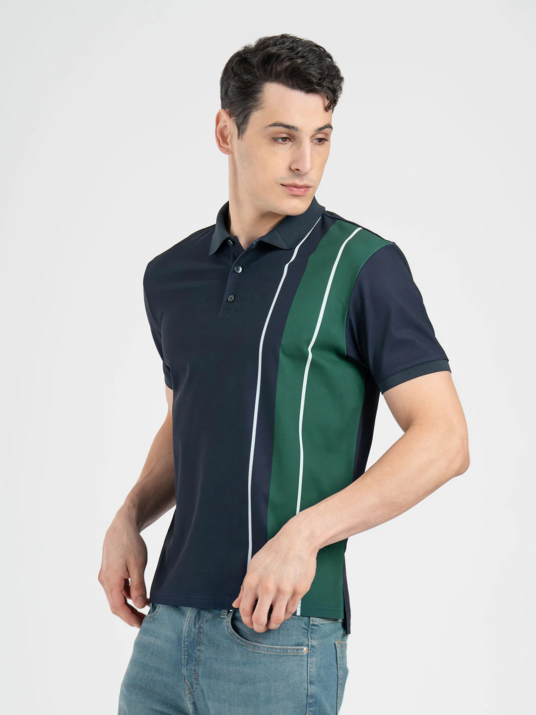 Men's Dark Blue Stripe Sports Polo T-Shirt - Image 3