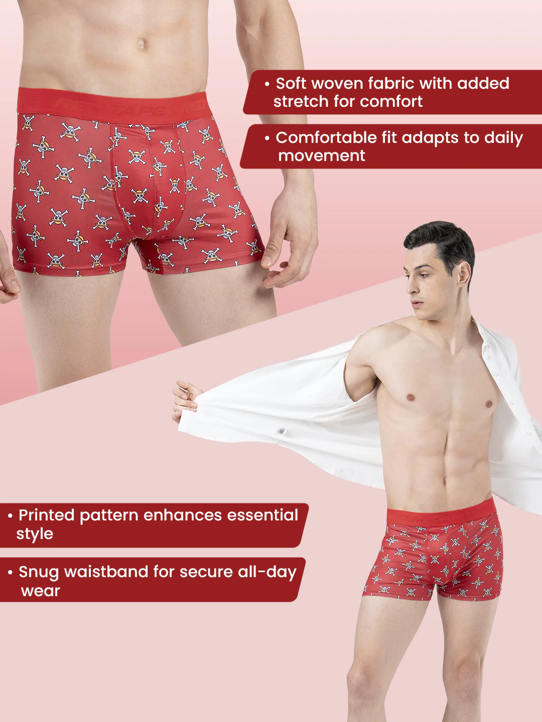 Men's Deep Red Printed Elasticated Polyester Stretched Woven Trunk - Image 2