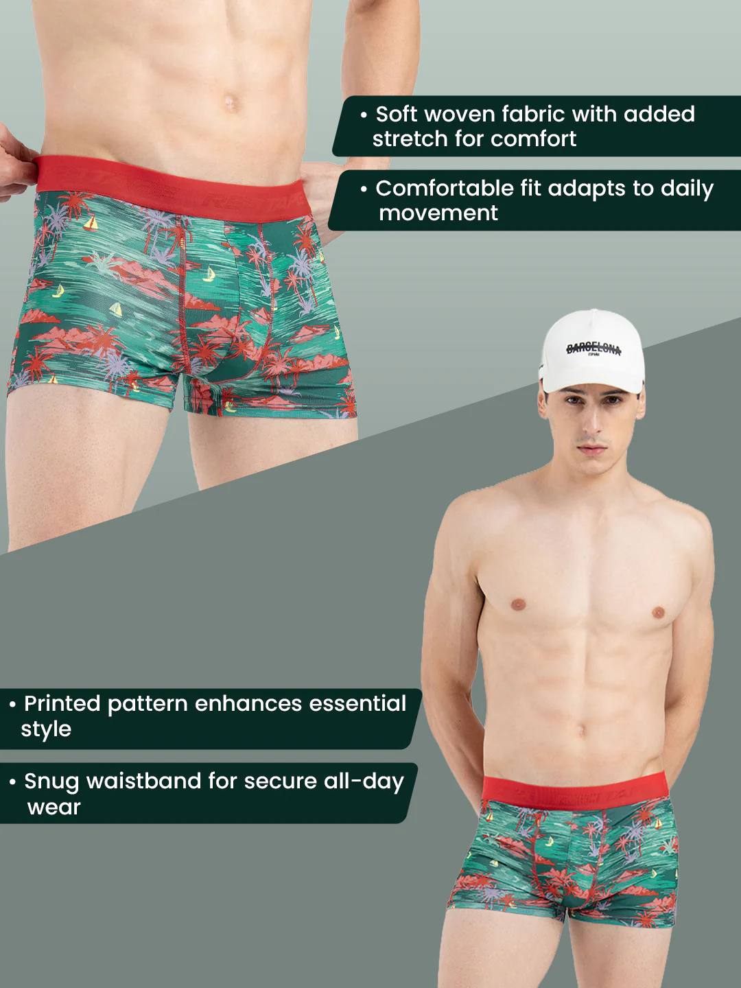Men's Green Printed Elasticated Polyester Stretched Woven Trunk - Image 2