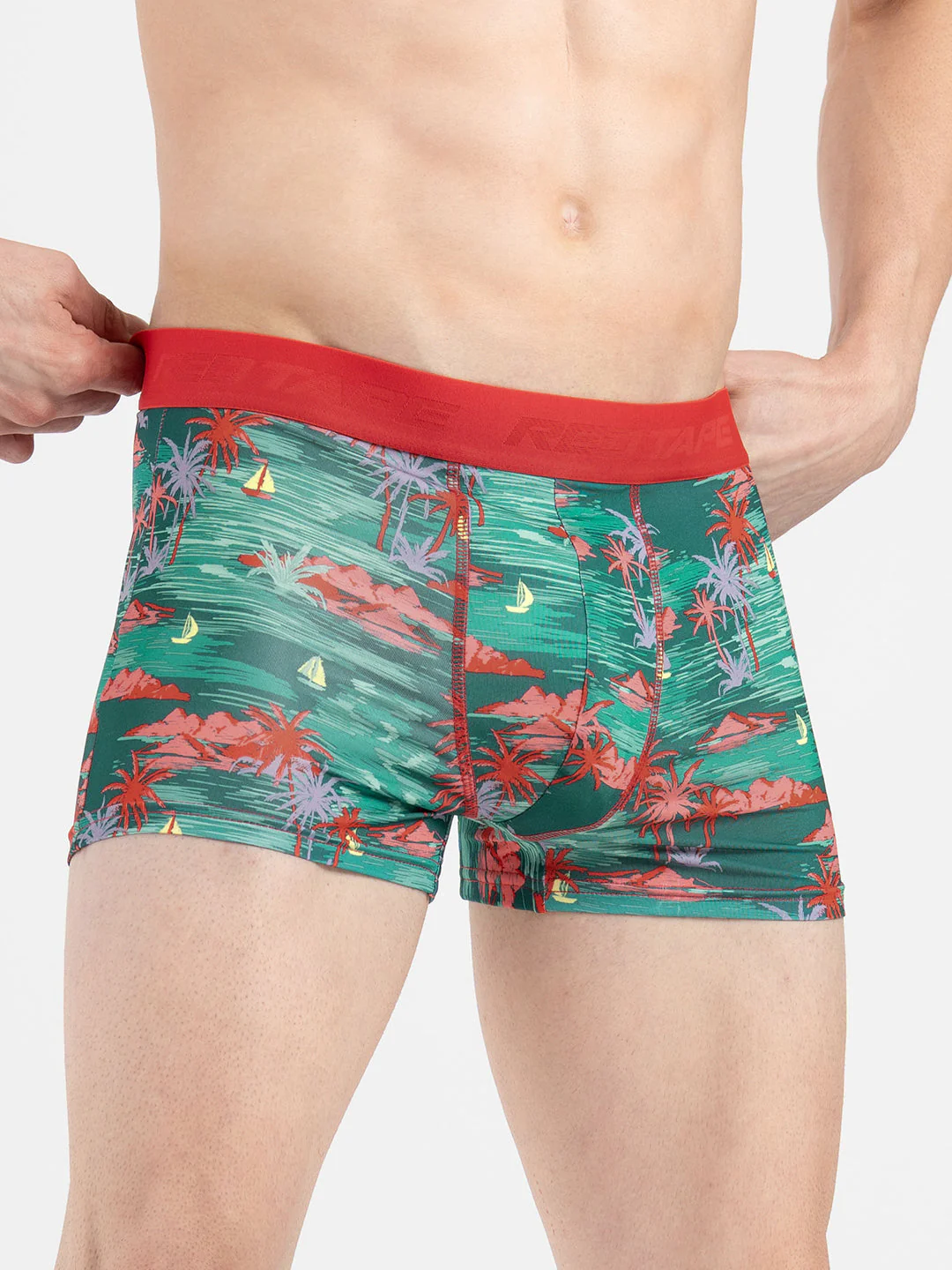 Men's Green Printed Elasticated Polyester Stretched Woven Trunk - Image 3
