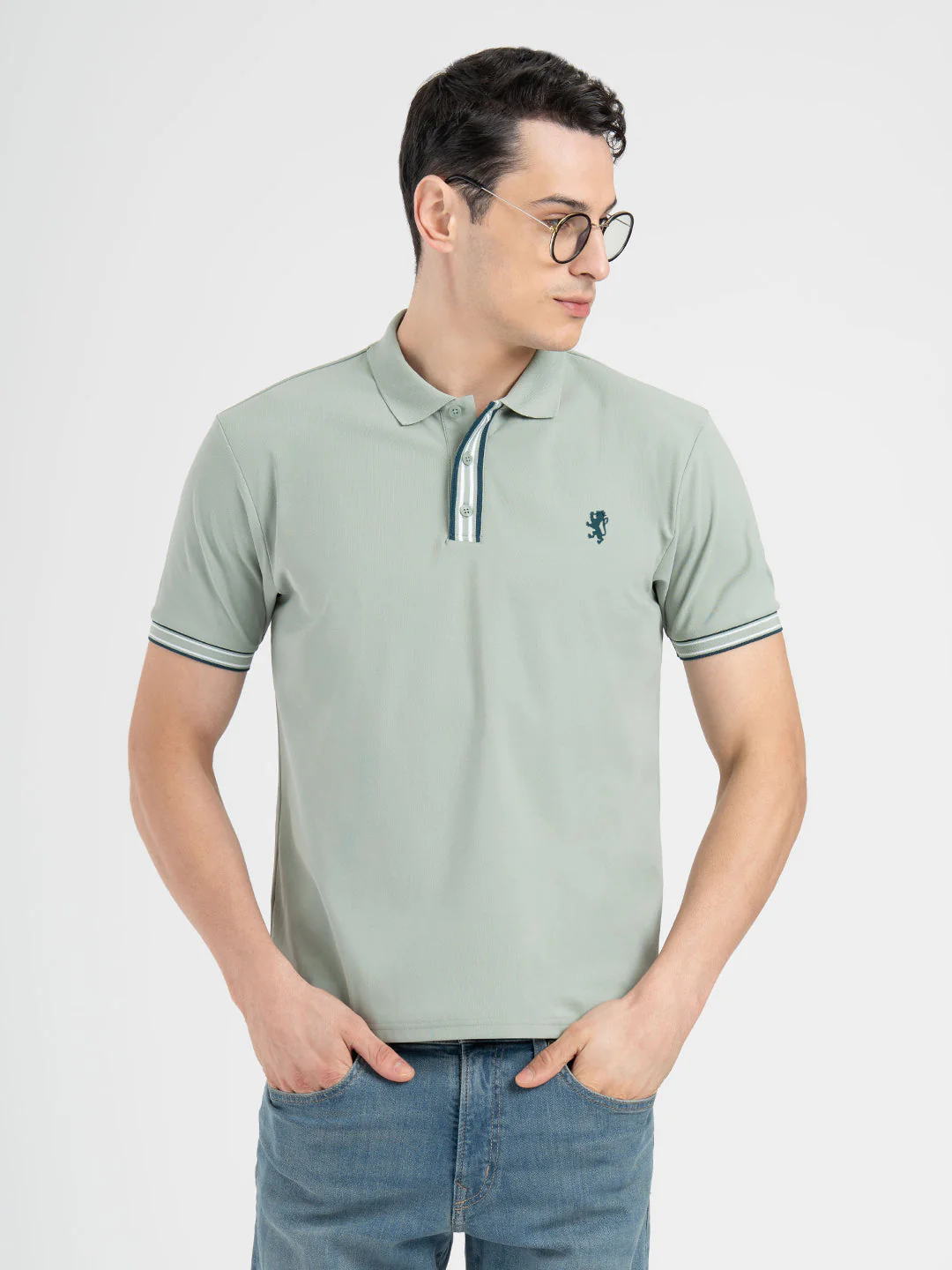 Men's Light Green Jacquard Polo T-Shirt - Image 6