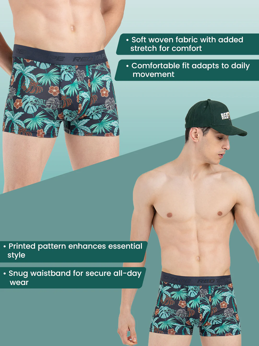 Men's Navy Printed Elasticated Polyester Stretched Woven Trunk - Image 2