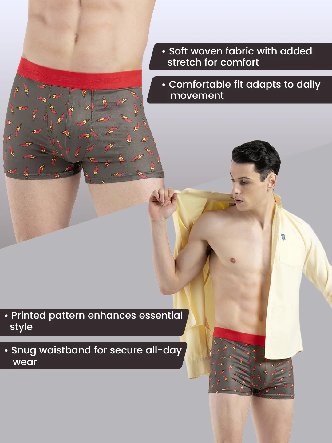 Men's Olive Printed Elasticated Polyester Stretched Woven Trunk - Image 2