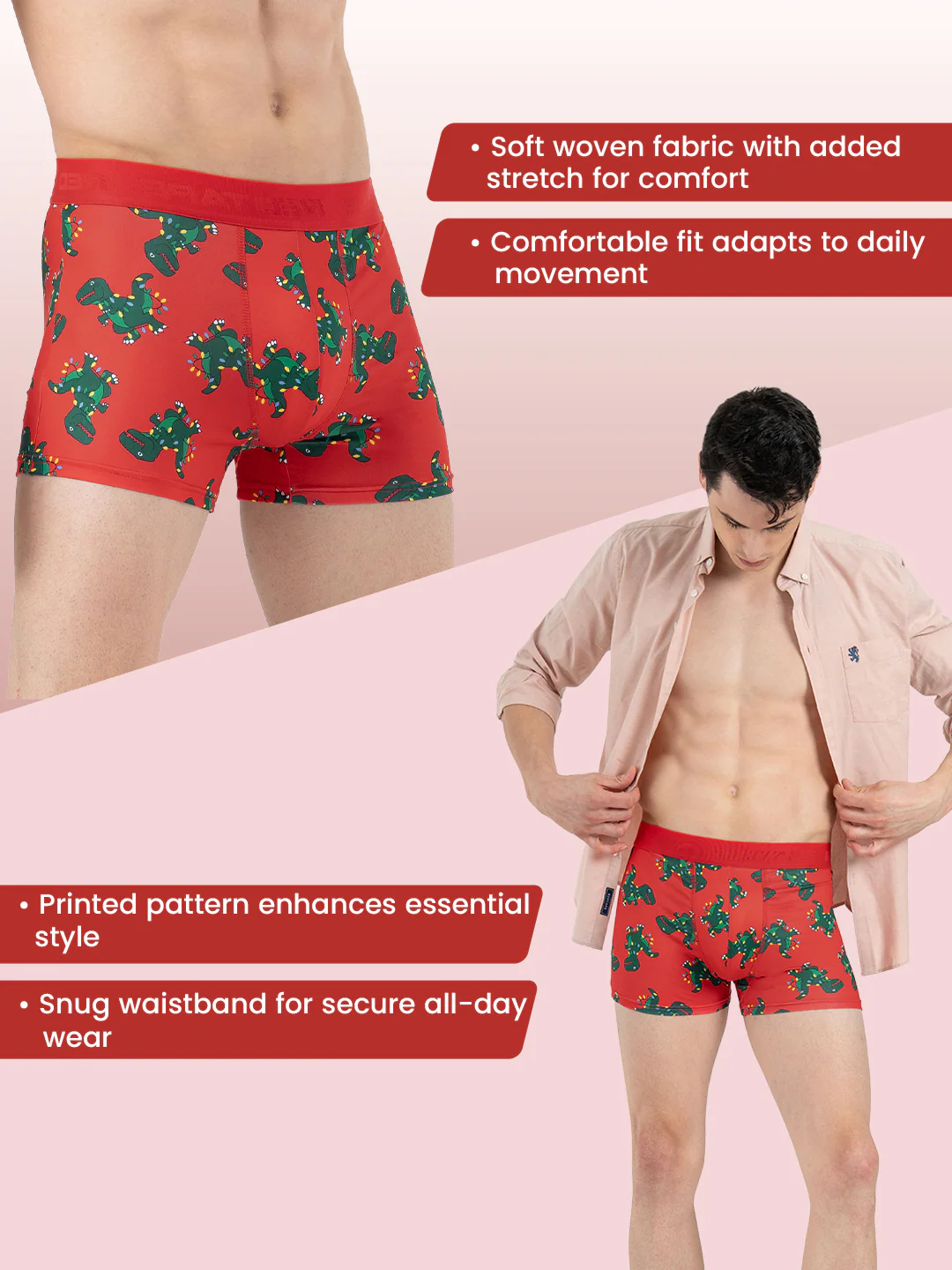 Men's Red Printed Elasticated Polyester Stretched Woven Trunk - Image 2