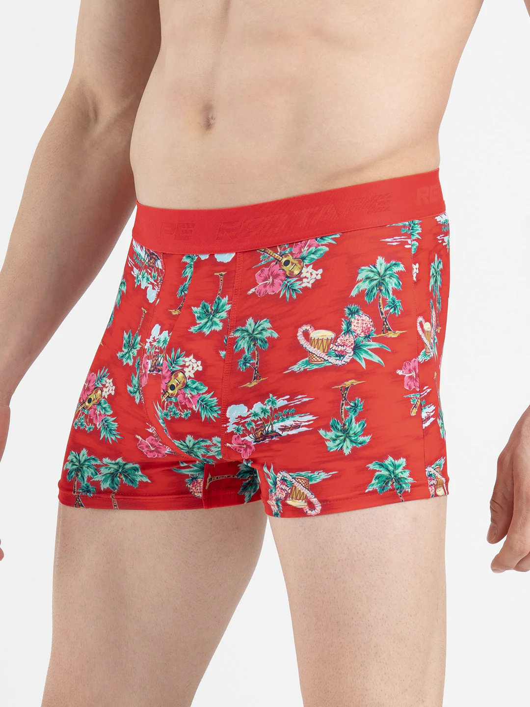 Men's Red Printed Elasticated Polyester Stretched Woven Trunk - Image 3