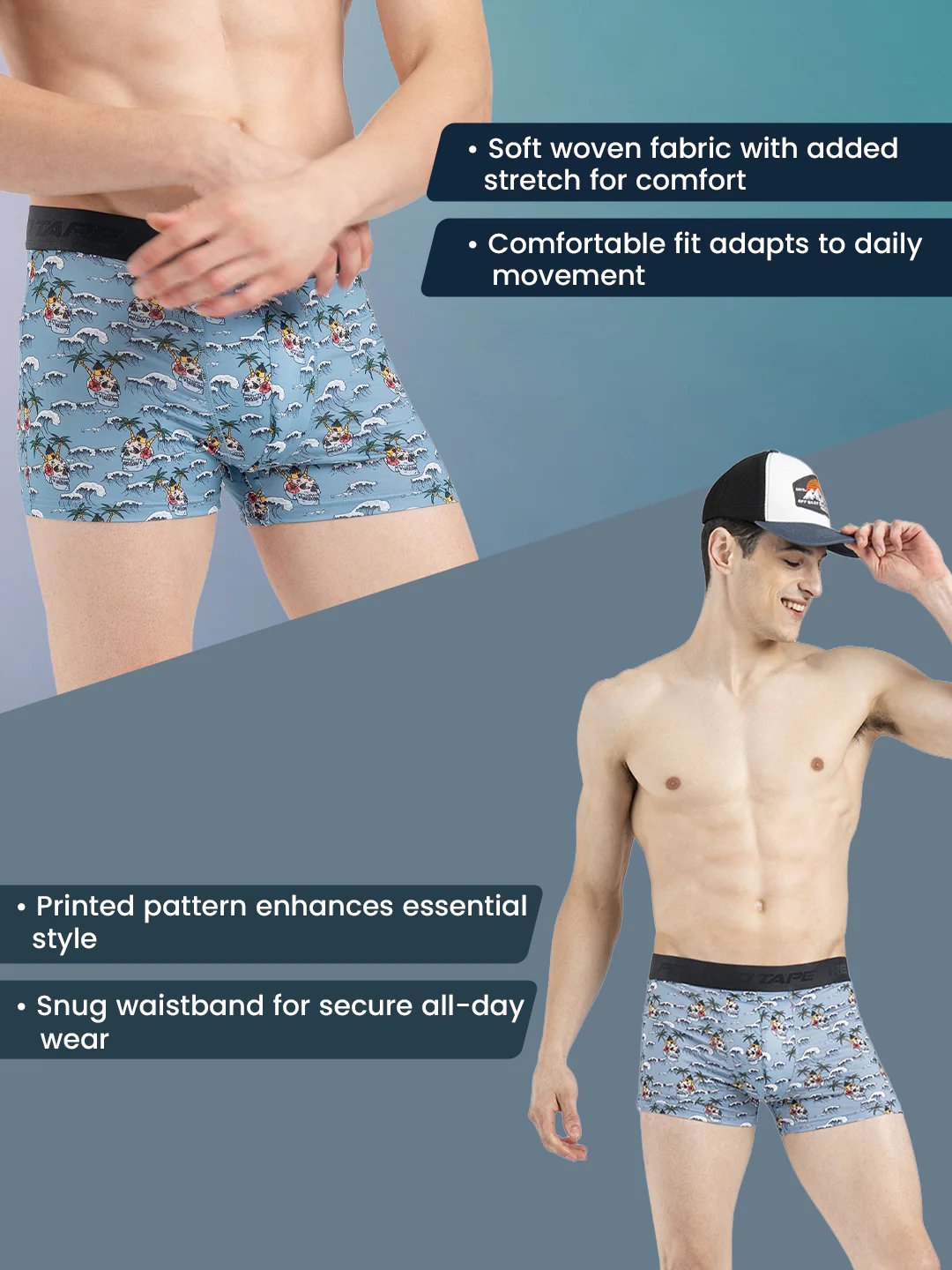 Men's Sky Blue Printed Elasticated Polyester Stretched Woven Trunk - Image 2