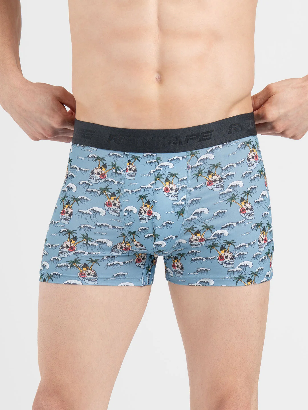 Men's Sky Blue Printed Elasticated Polyester Stretched Woven Trunk - Image 6