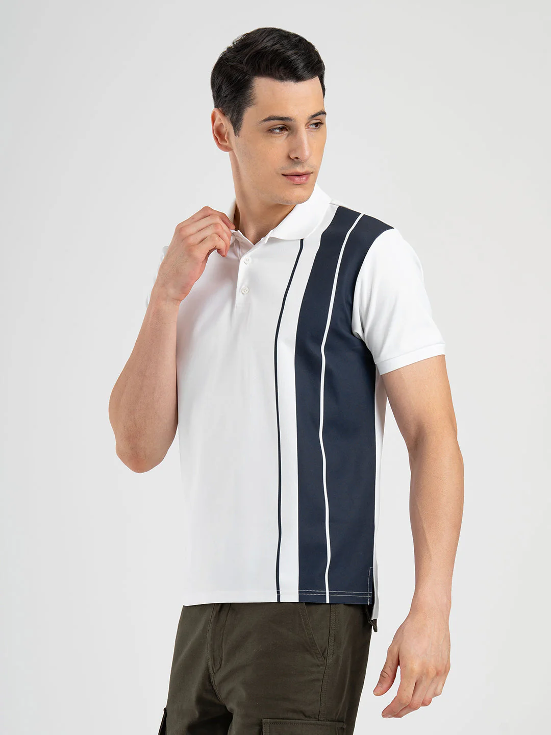 Men's White Stripe Sports Polo T-Shirt - Image 2
