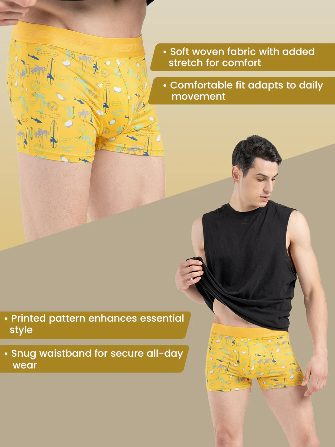 Men's Yellow Printed Elasticated Polyester Stretched Woven Trunk - Image 2