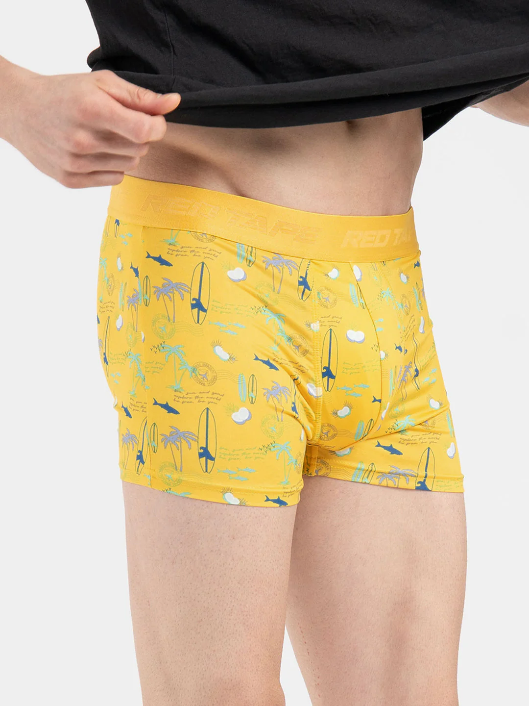 Men's Yellow Printed Elasticated Polyester Stretched Woven Trunk - Image 3