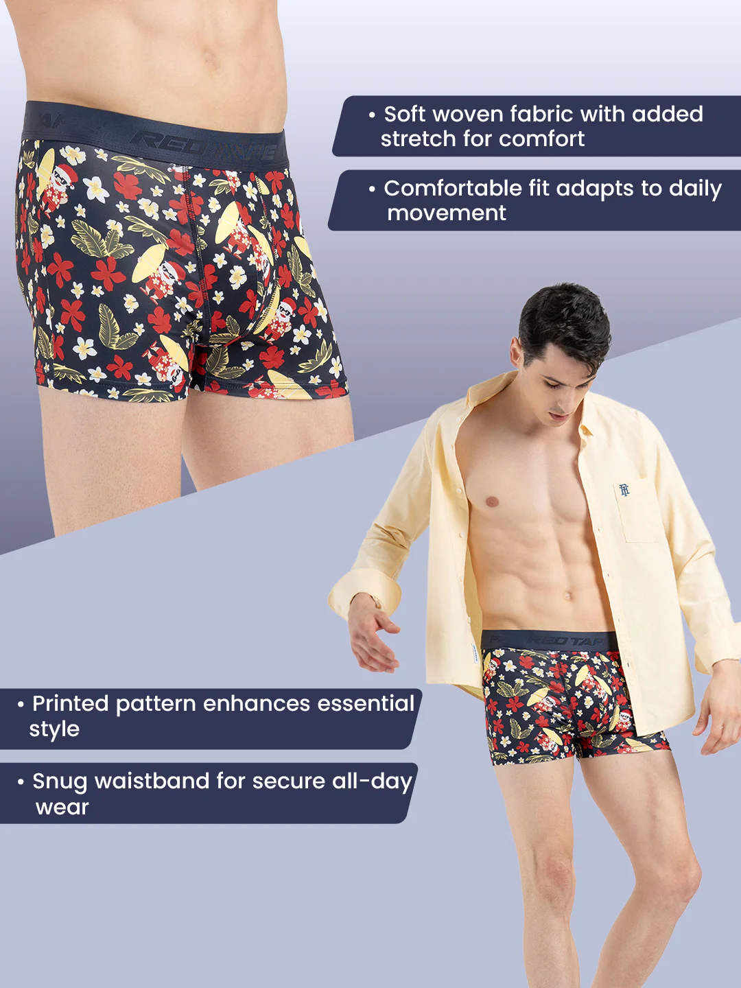 Men's Black Printed Elasticated Polyester Stretched Woven Trunk - Image 2