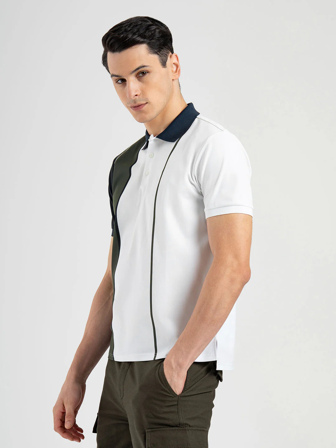 Men White Polo Neck High Stretch Polyester Vertical Striped Athleisure T-Shirt - Image 2