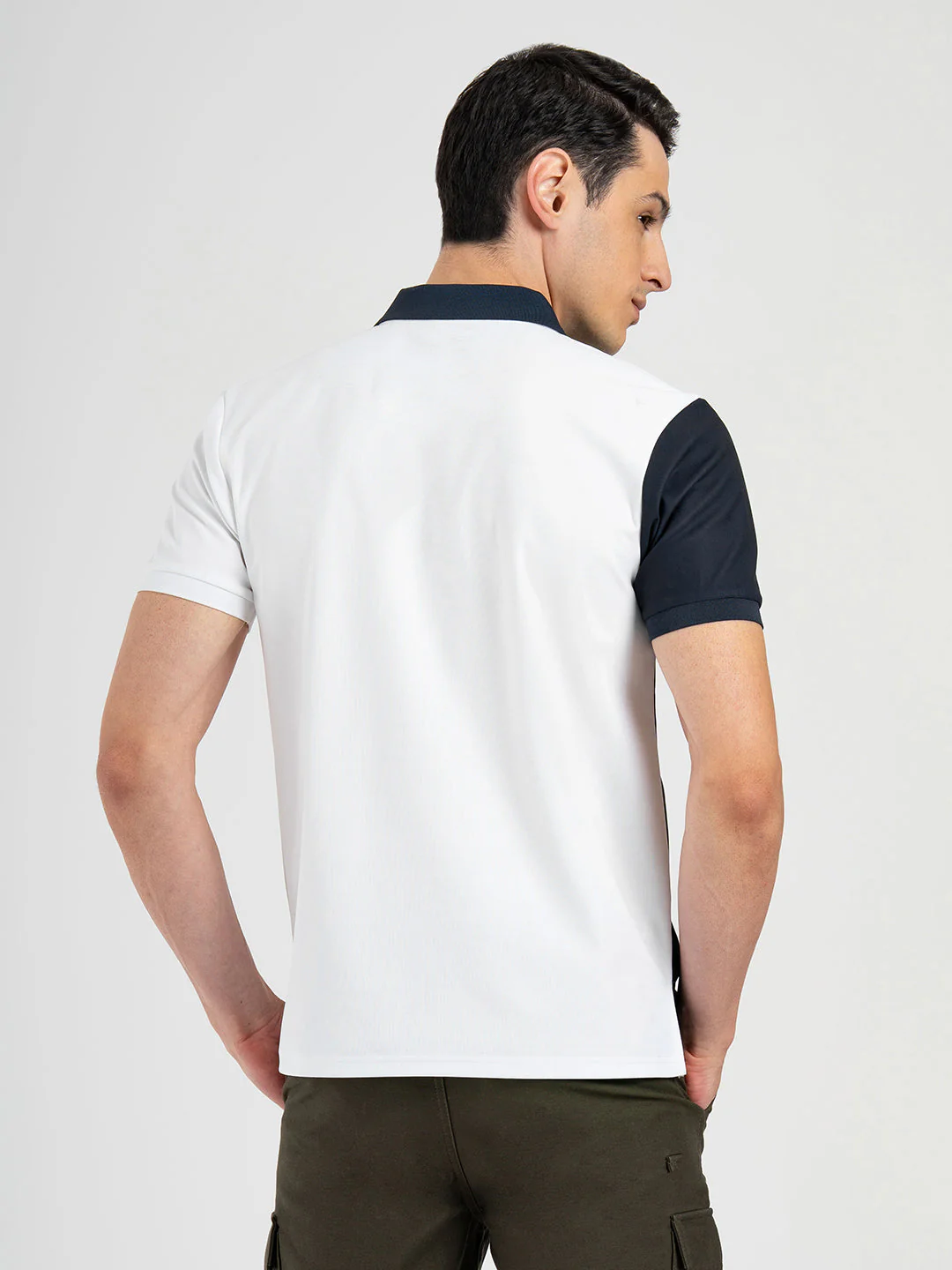 Men White Polo Neck High Stretch Polyester Vertical Striped Athleisure T-Shirt - Image 3