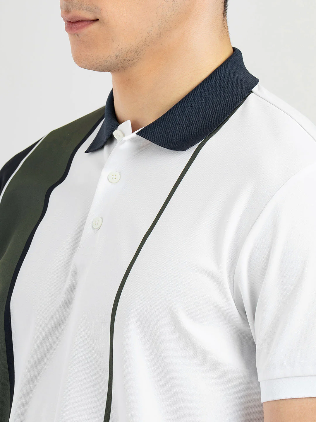 Men White Polo Neck High Stretch Polyester Vertical Striped Athleisure T-Shirt - Image 4