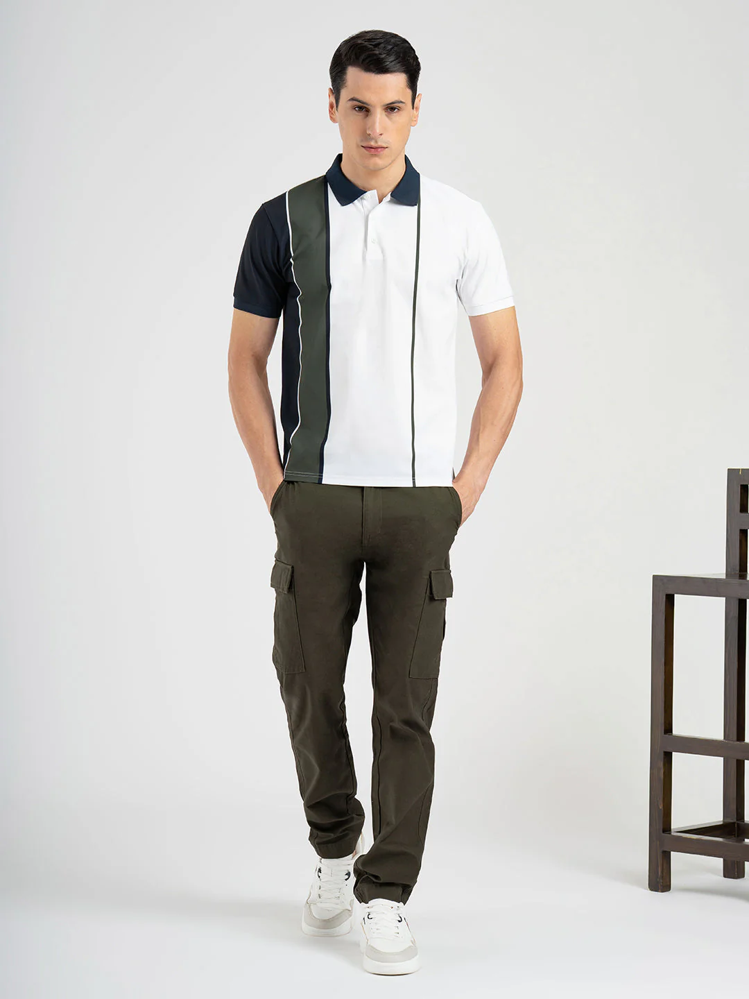 Men White Polo Neck High Stretch Polyester Vertical Striped Athleisure T-Shirt - Image 5