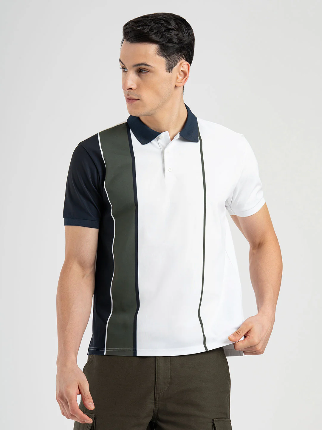 Men White Polo Neck High Stretch Polyester Vertical Striped Athleisure T-Shirt - Image 6