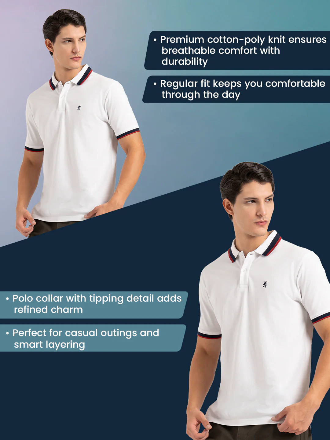 Men White Solid Two-Tone Tipping  Polo T-Shirt - Image 2