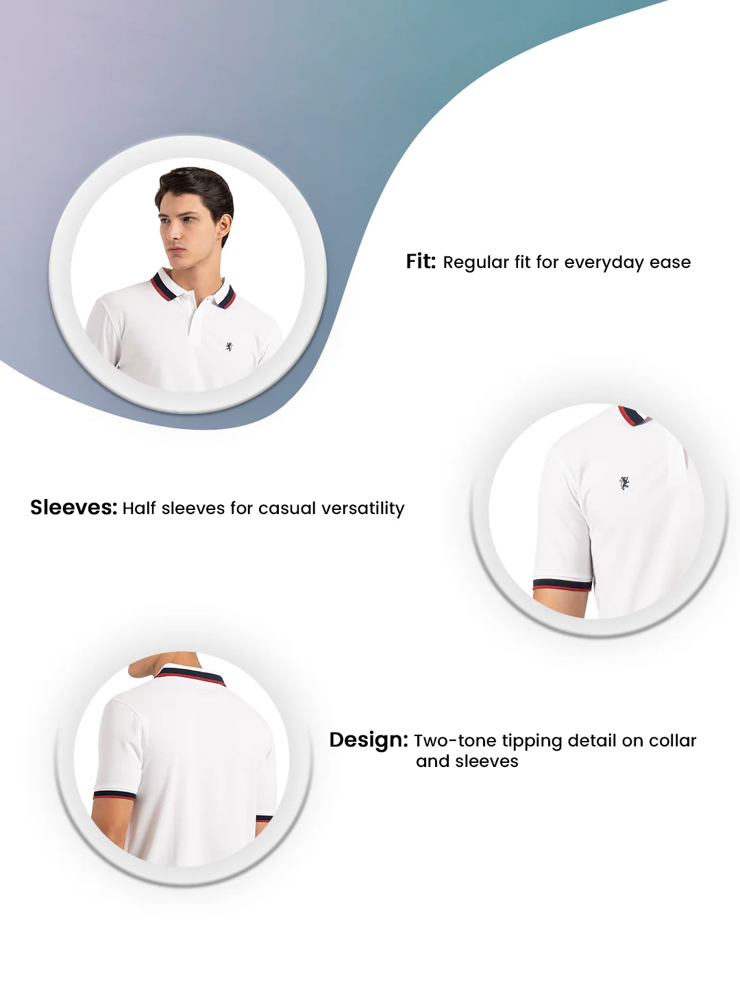 Men White Solid Two-Tone Tipping  Polo T-Shirt - Image 3