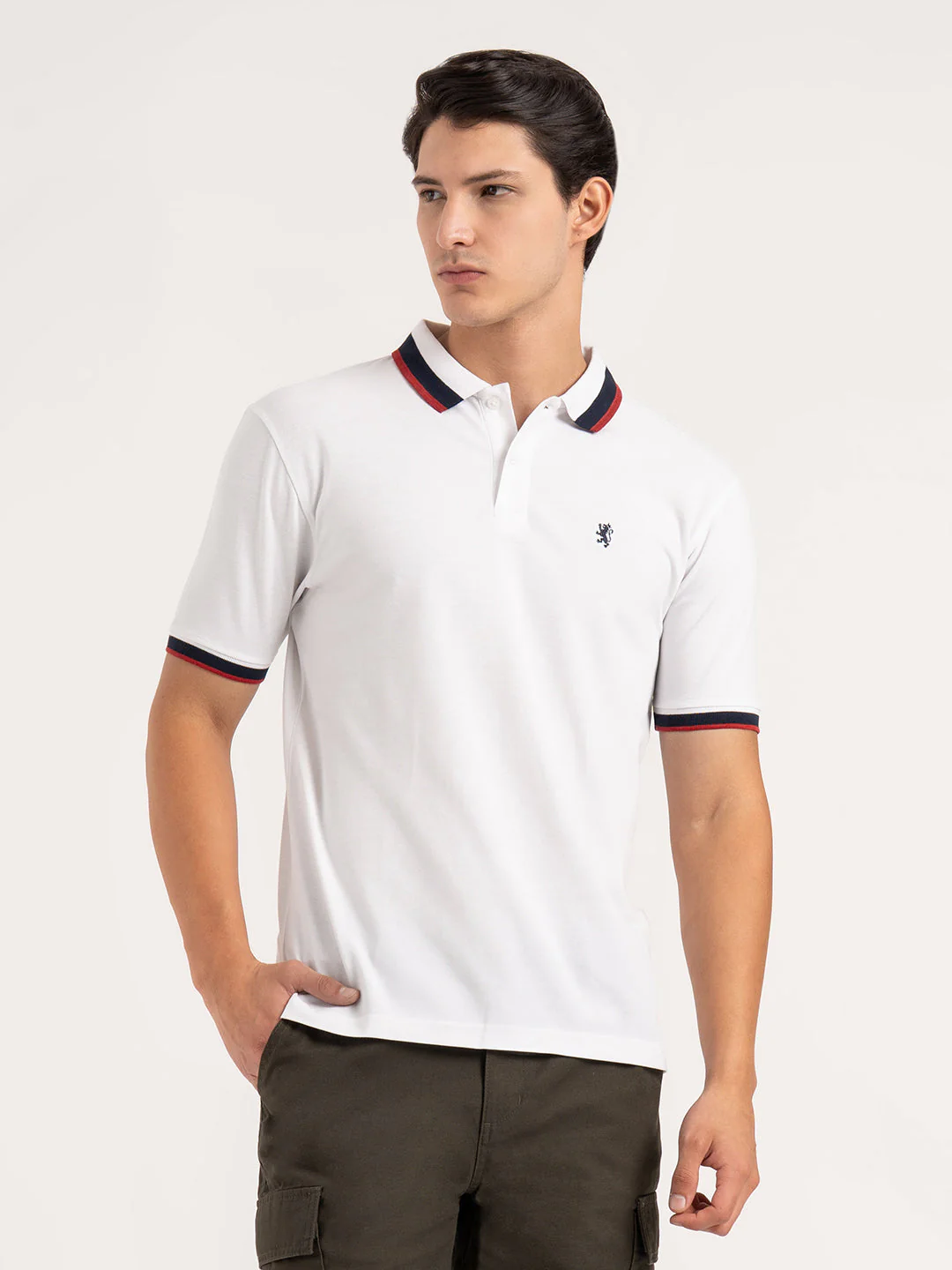 Men White Solid Two-Tone Tipping  Polo T-Shirt - Image 6