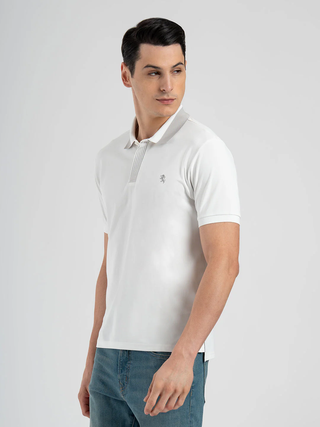 Men White Polo Neck High Stretch Polyester Jacquard Athleisure T-Shirt - Image 2