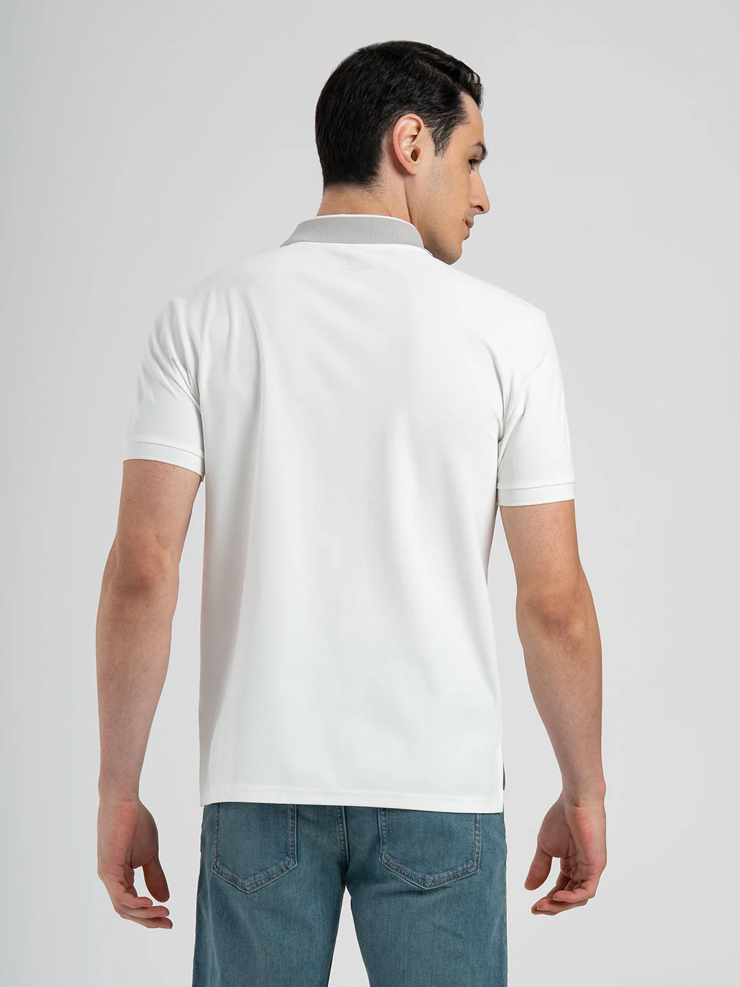 Men White Polo Neck High Stretch Polyester Jacquard Athleisure T-Shirt - Image 3