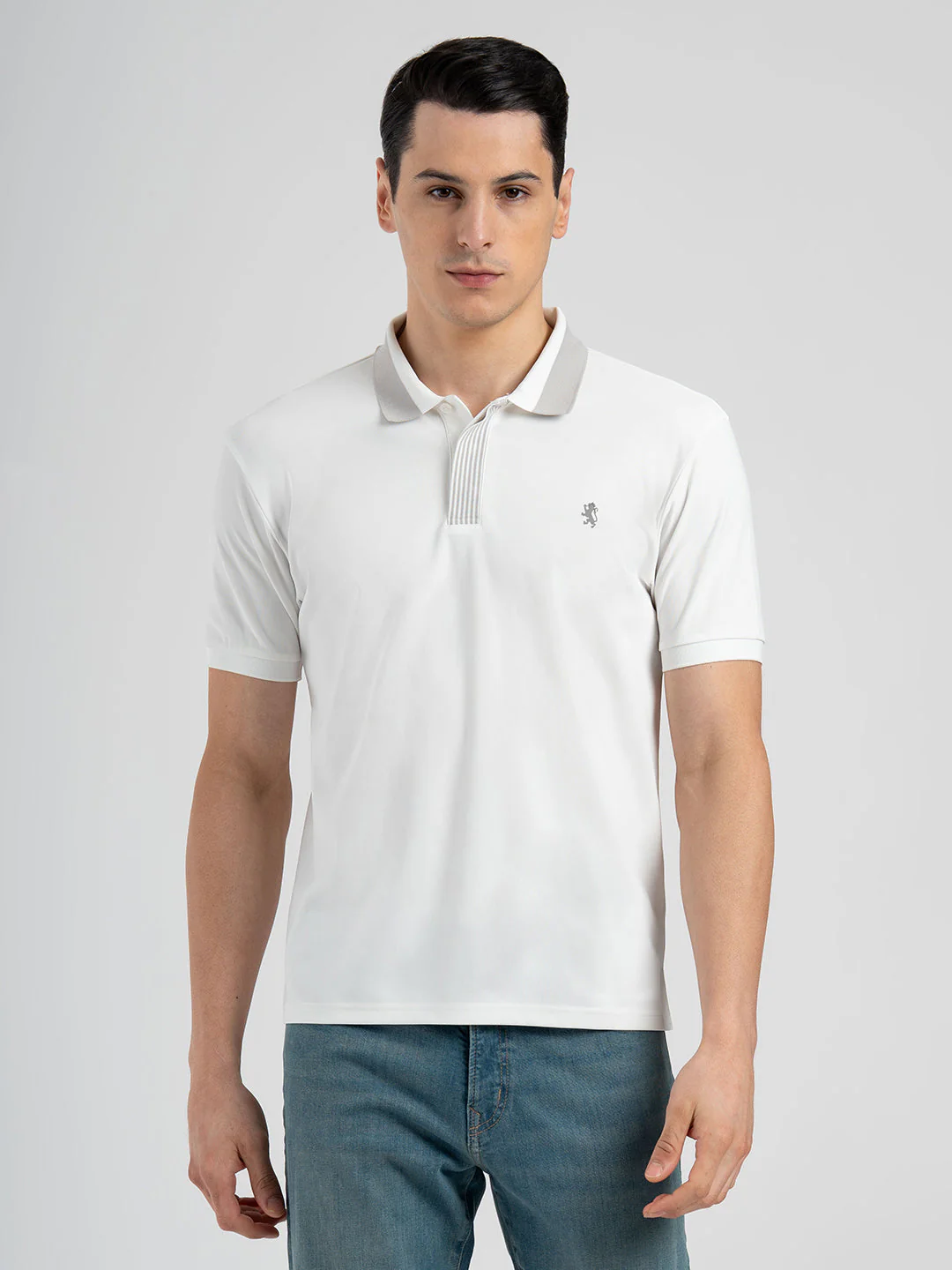 Men White Polo Neck High Stretch Polyester Jacquard Athleisure T-Shirt - Image 6