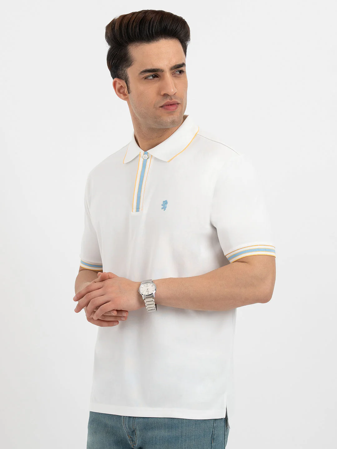 Men White Polo Neck High Stretch Polyester Jacquard Athleisure T-Shirt - Image 2