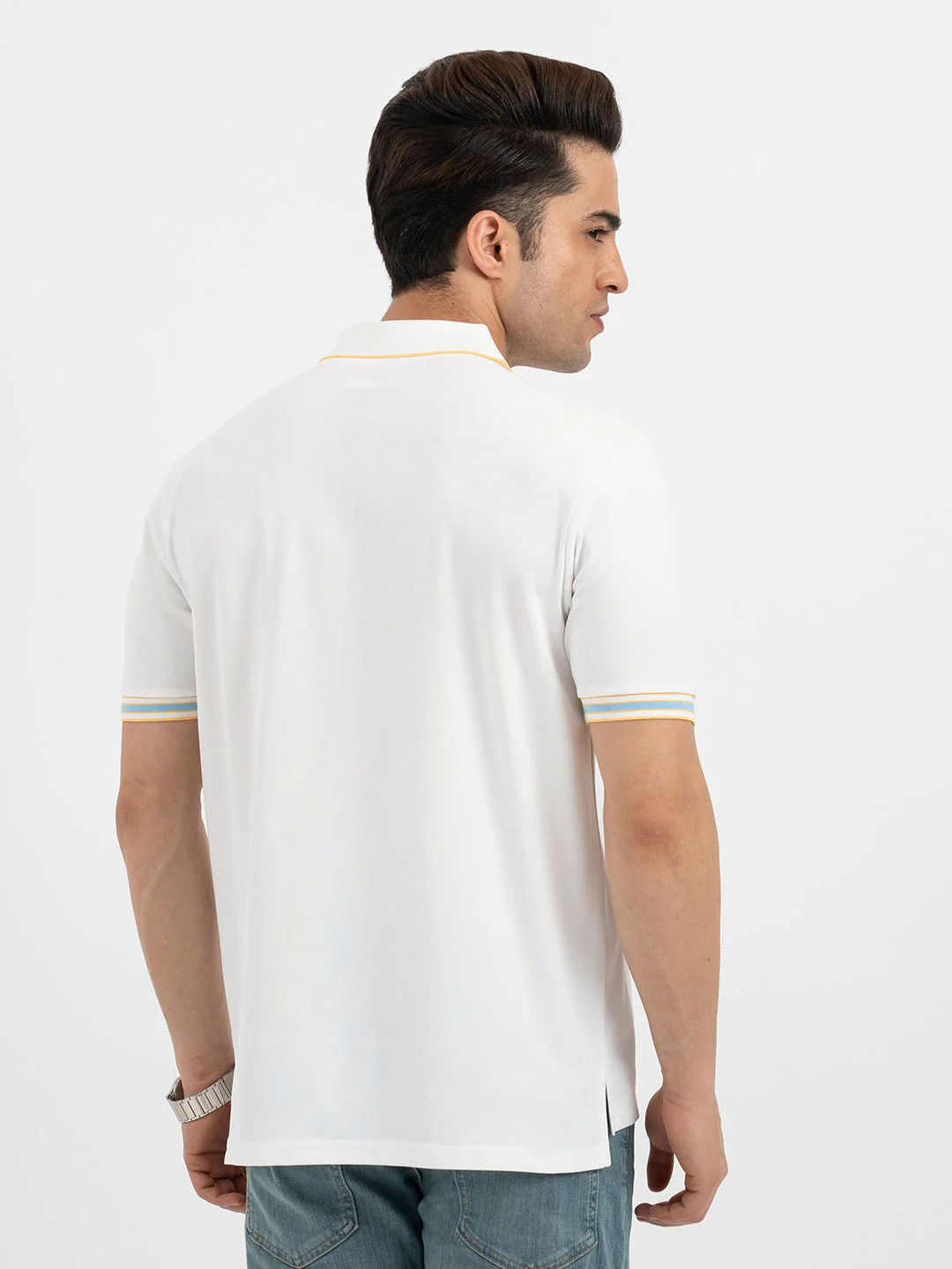 Men White Polo Neck High Stretch Polyester Jacquard Athleisure T-Shirt - Image 3