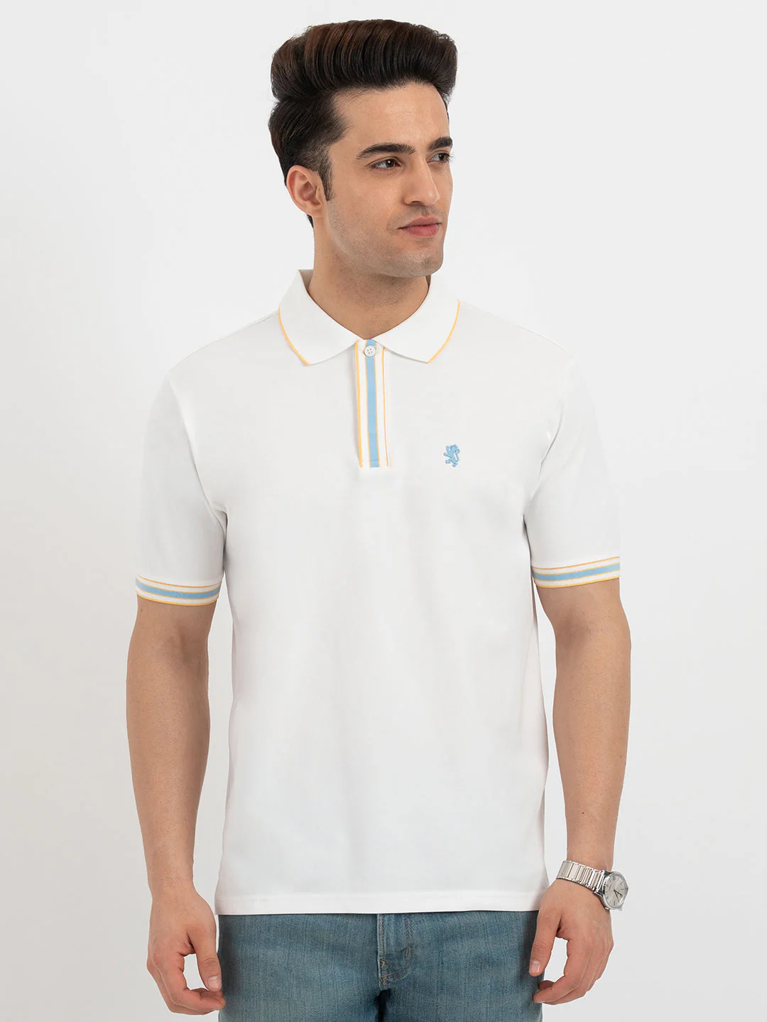 Men White Polo Neck High Stretch Polyester Jacquard Athleisure T-Shirt - Image 5