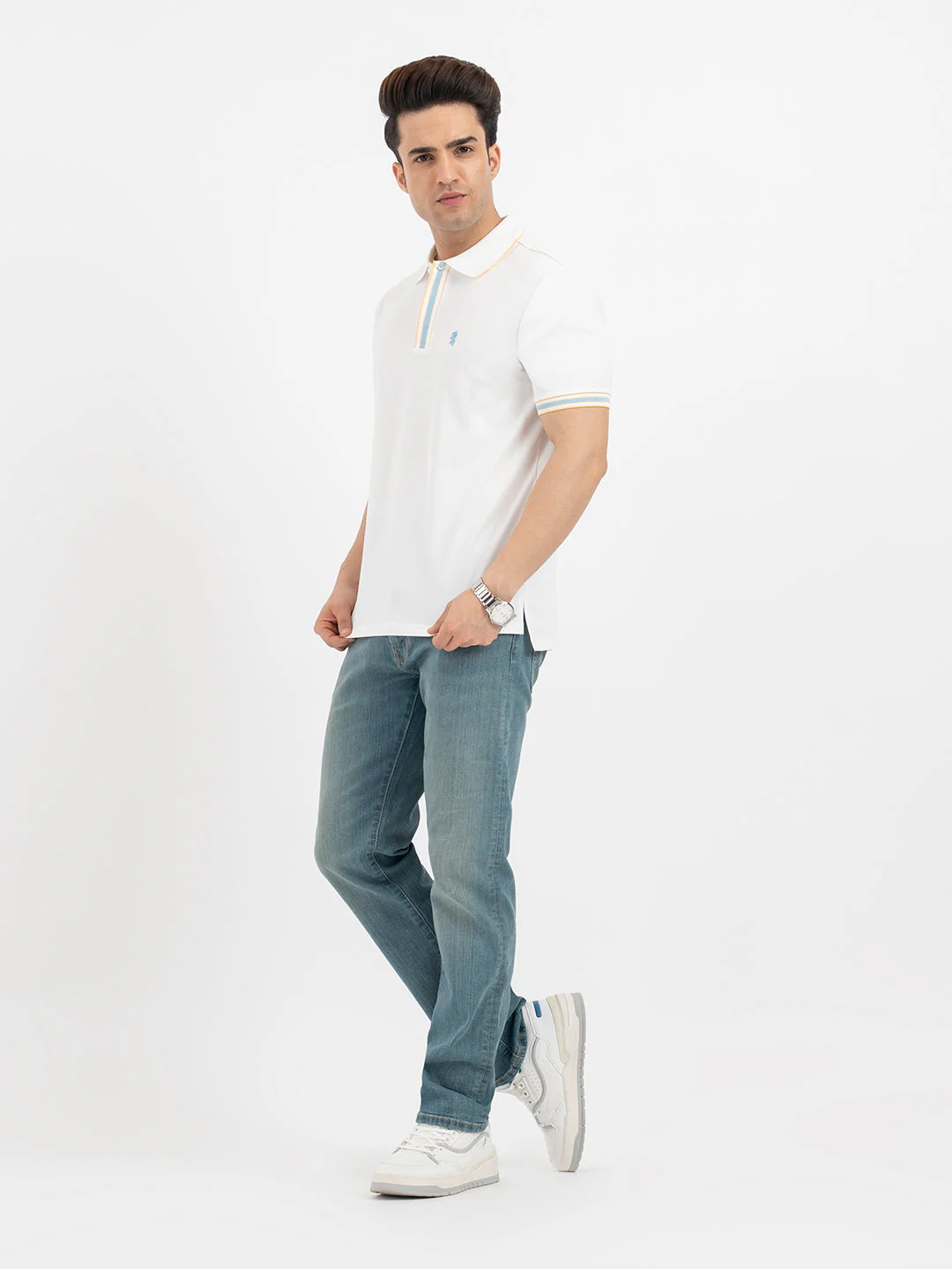 Men White Polo Neck High Stretch Polyester Jacquard Athleisure T-Shirt - Image 6