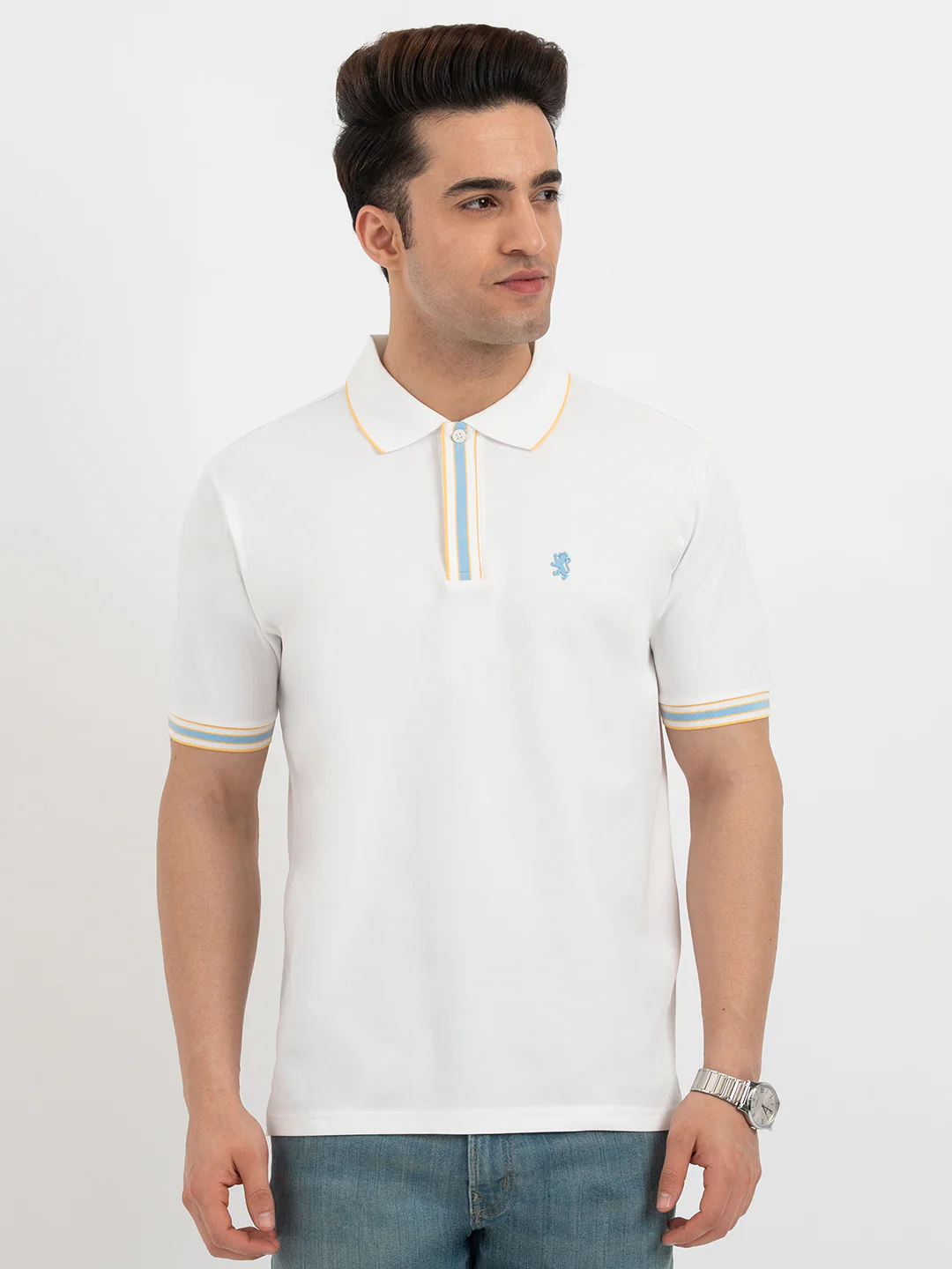 Men White Polo Neck High Stretch Polyester Jacquard Athleisure T-Shirt - Image 7