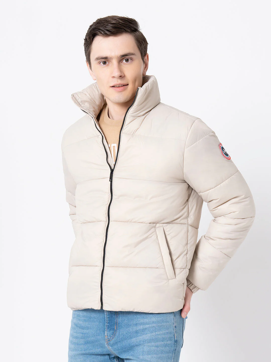 Men's Beige Solid Jacket - Image 2