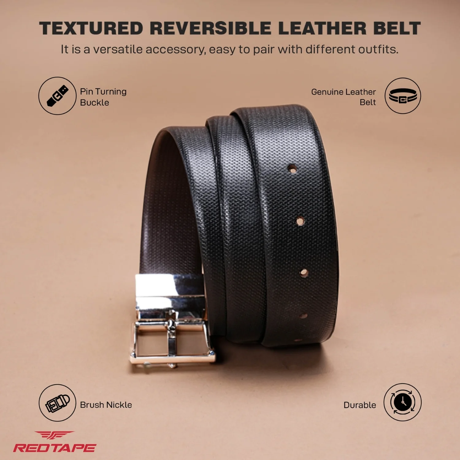 Men's Black Brown Reversible Leather Belt - Image 4