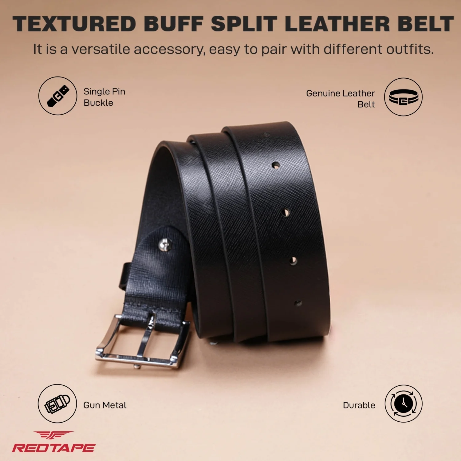 Men's Black Textured Leather Belt - Image 4