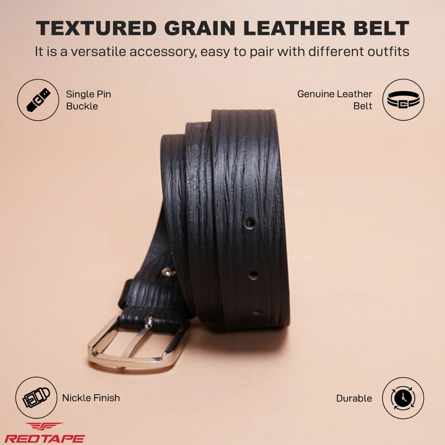 Men's Black Textured Leather Belt - Image 3