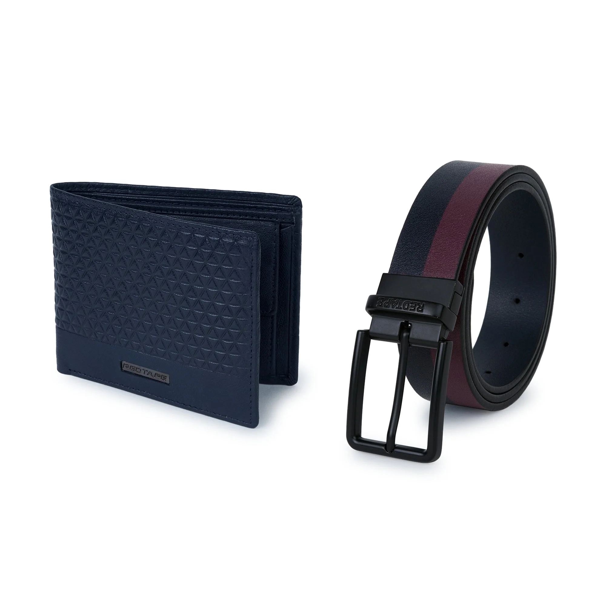 Men's Burgundy Navy Genuine Leather Wallet and Belt Combo Gift Set - Image 2