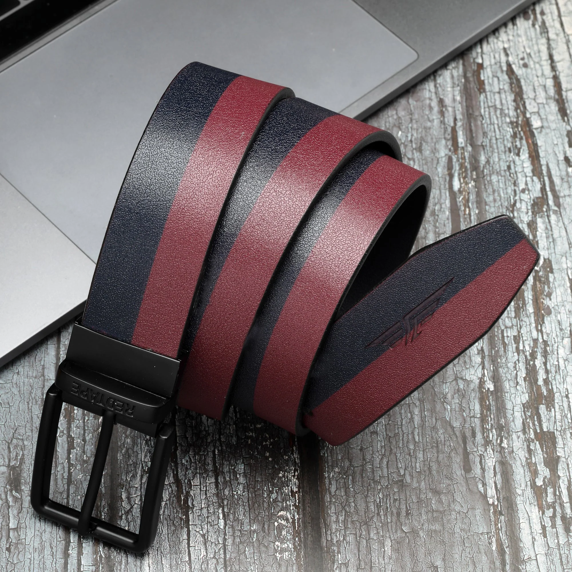 Men's Burgundy Navy Genuine Leather Wallet and Belt Combo Gift Set - Image 3