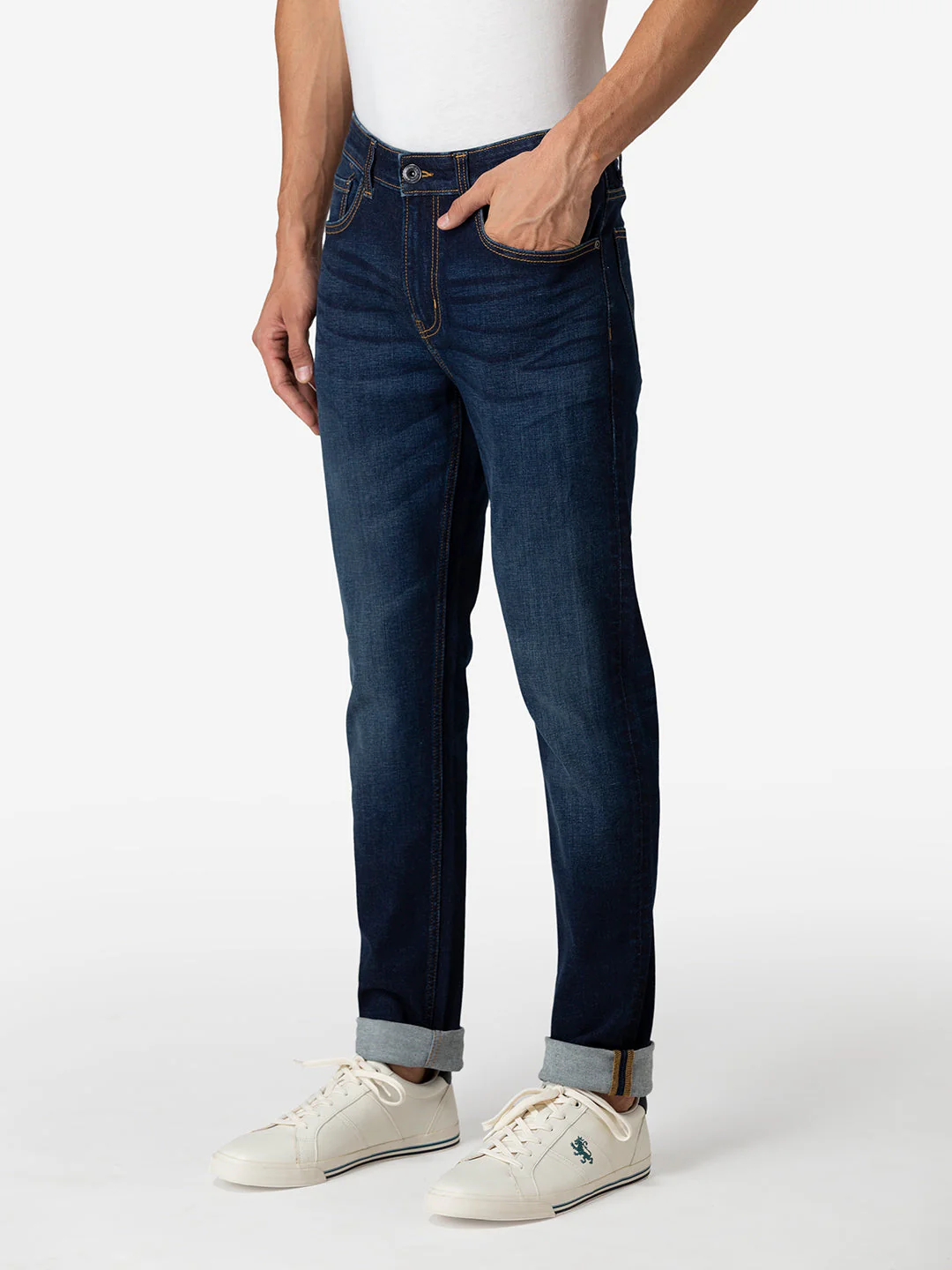 Men's Dark Blue Cotton Elastane Skinny Fit Jeans - Image 2