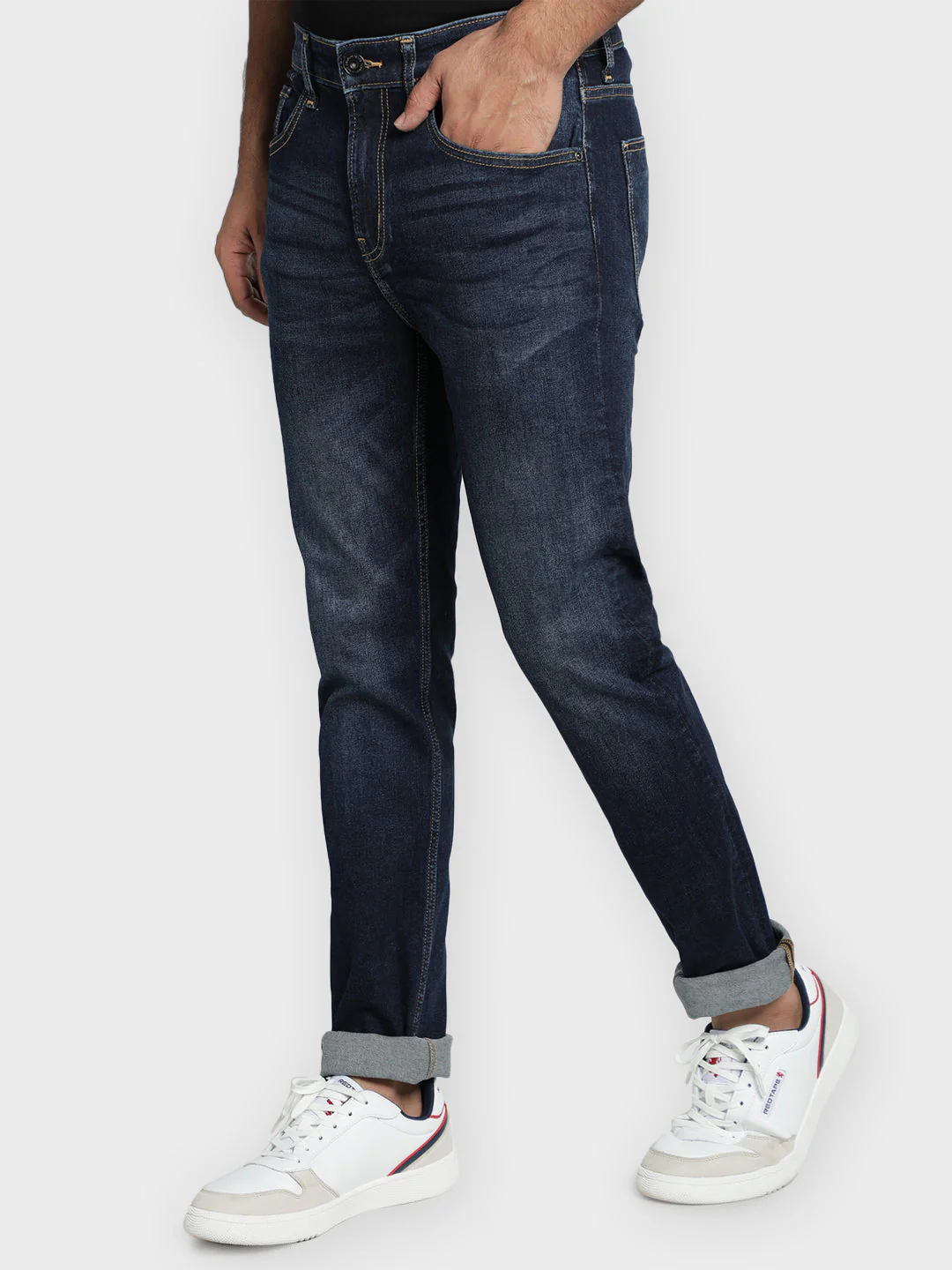 Men's Dark Blue Cotton Elastane Skinny Fit Jeans - Image 2
